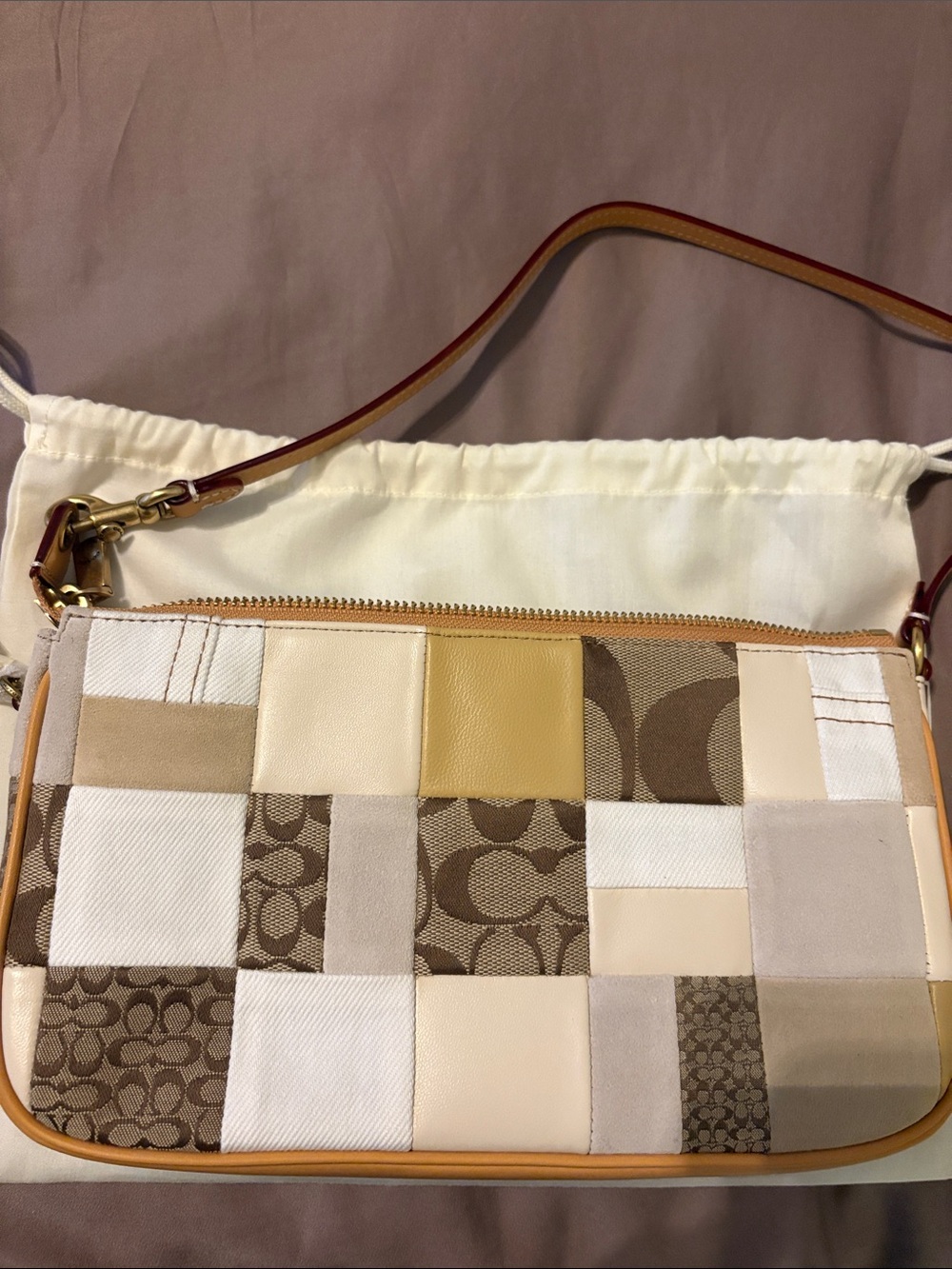 Coach Patchwork Shoulder Bag in Cream, Tan, Brown and Yellow Plaza